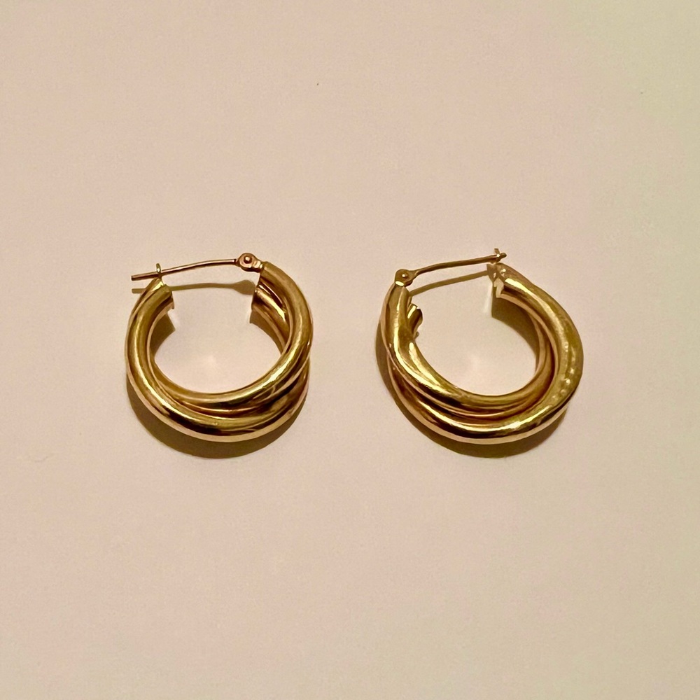 Vintage 14K Yellow Gold Hoop Earrings featuring a triple-band twisted design